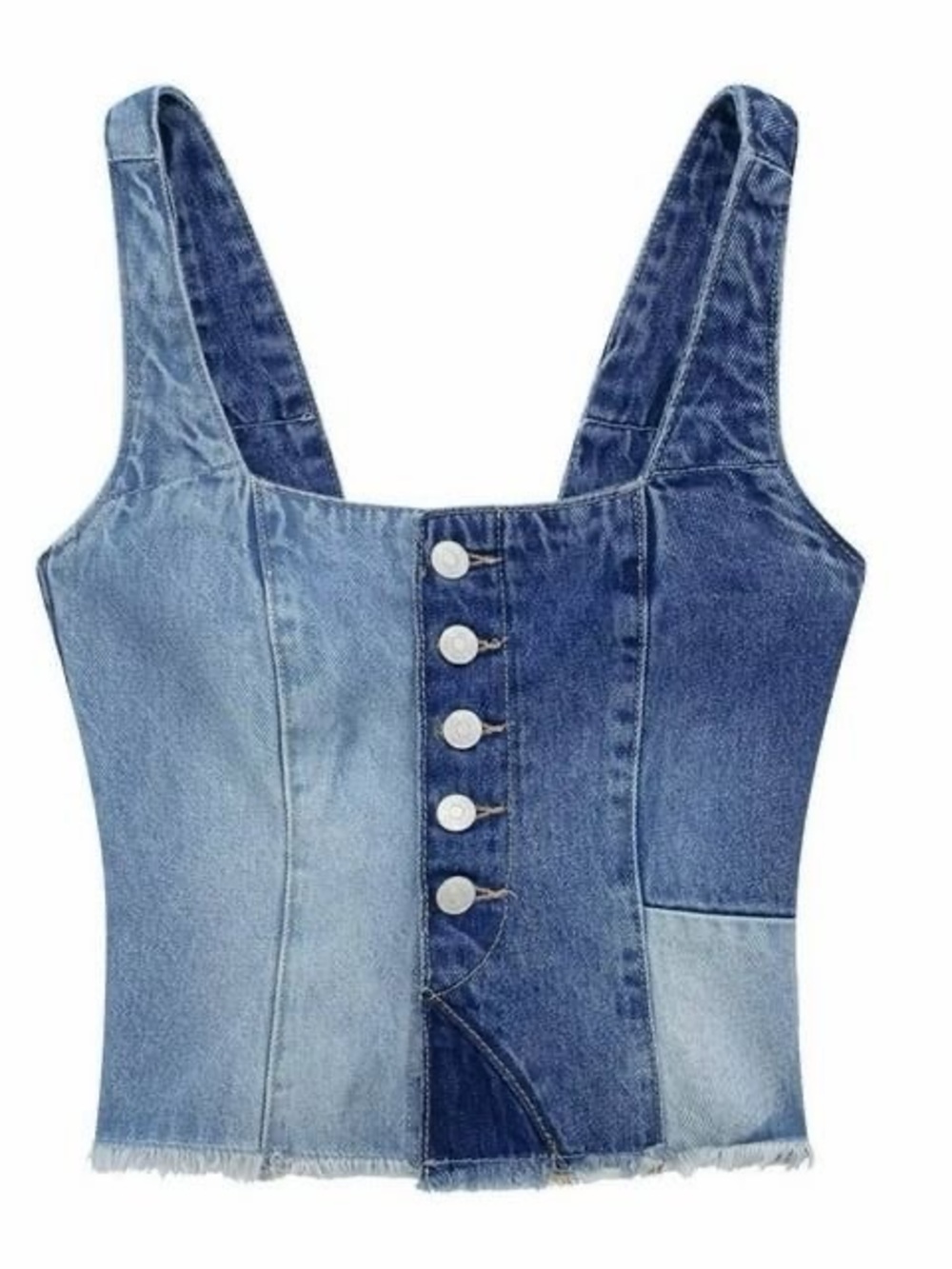 Zara Patchwork Blue Denim Button-Front Corset Top